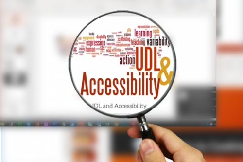A hand holding a magnifying glass focuses on the phrase "UDL and Accessibility"