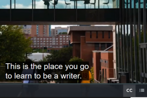 Screenshot of a UI promotional video. Captions say, "This is the place you go to learn to be a writer."